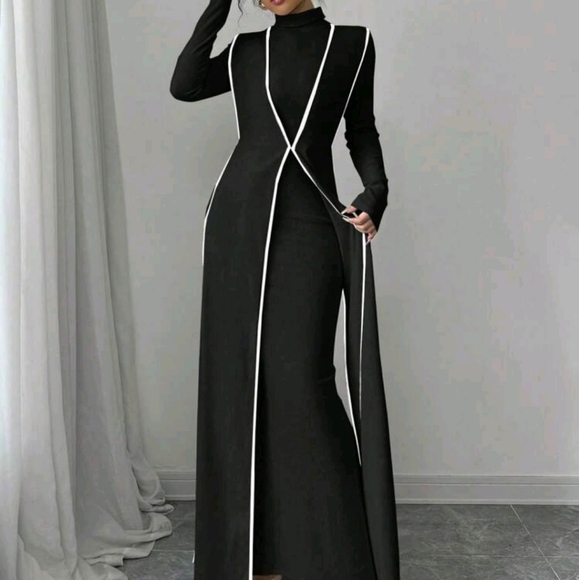 Dresses & Skirts - 2pcs Set Knitted Ribbed Turtleneck Color Block Dress For Women